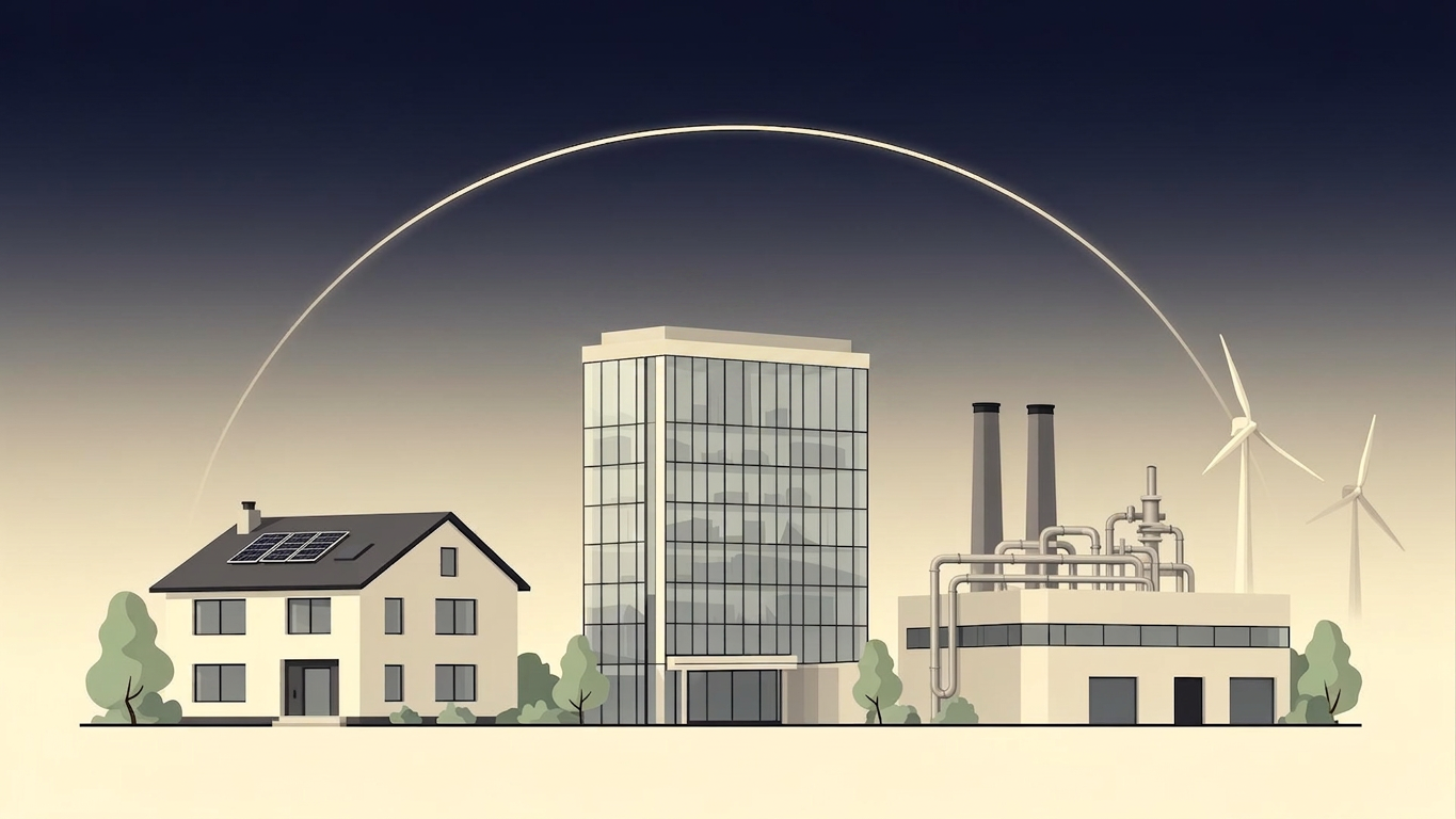 Residential home, commercial office, and industrial facility with solar panels and wind turbines